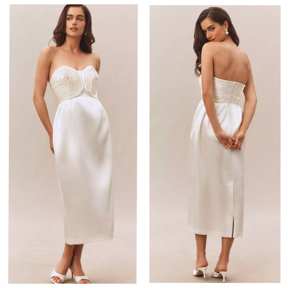 BHLDN Ivory Strapless Pleated Bustier Midi Dress Size 18
